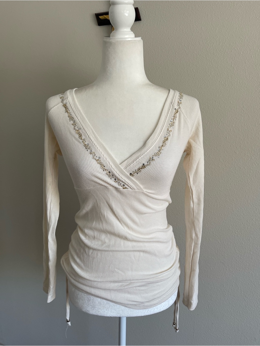 Guess Cream Ribbed Wrap Long-Sleeve Top with Embellished V-Neck